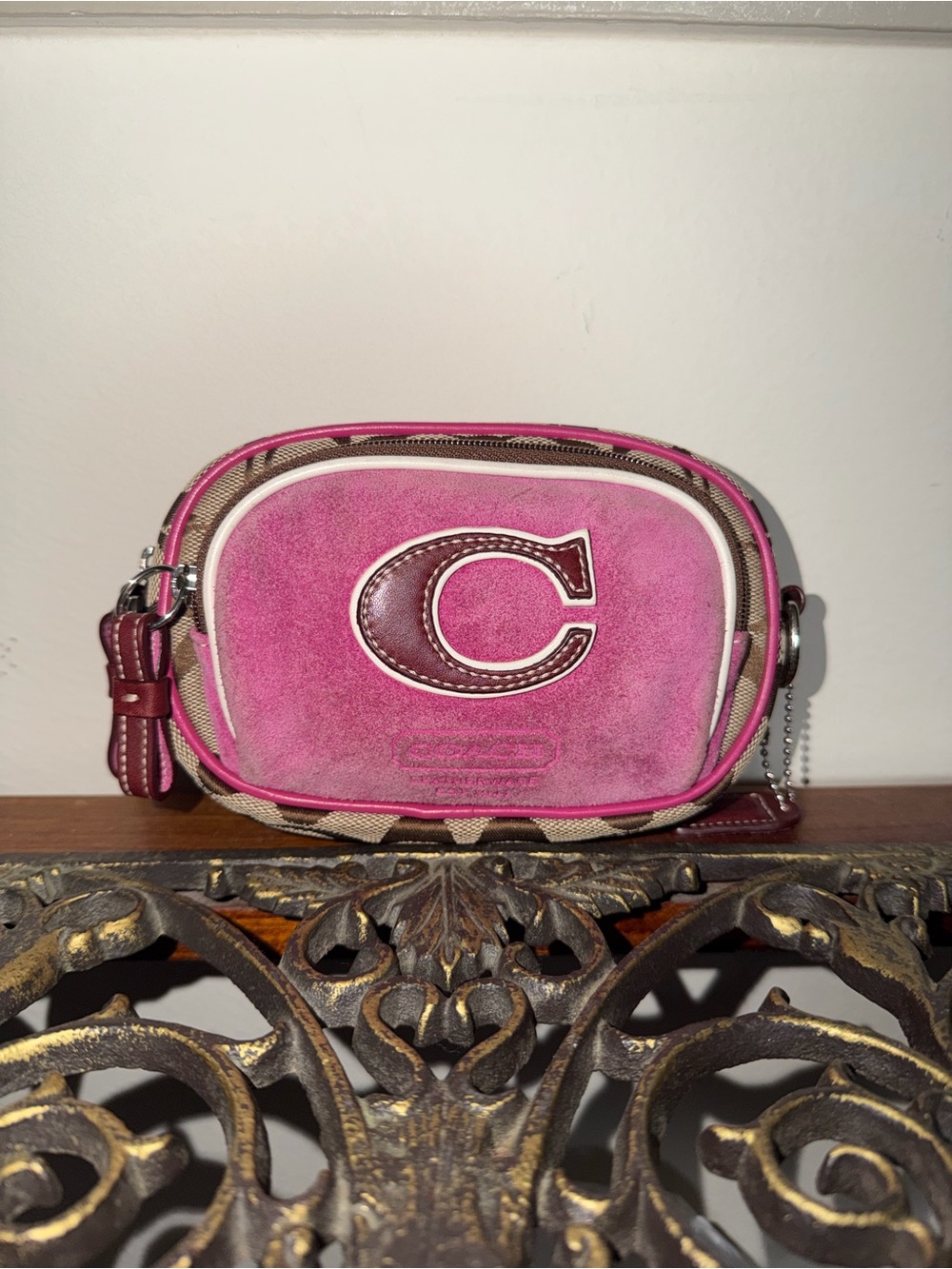 Coach Pink Suede 'C' Logo Crossbody Bag with Contrast Trim